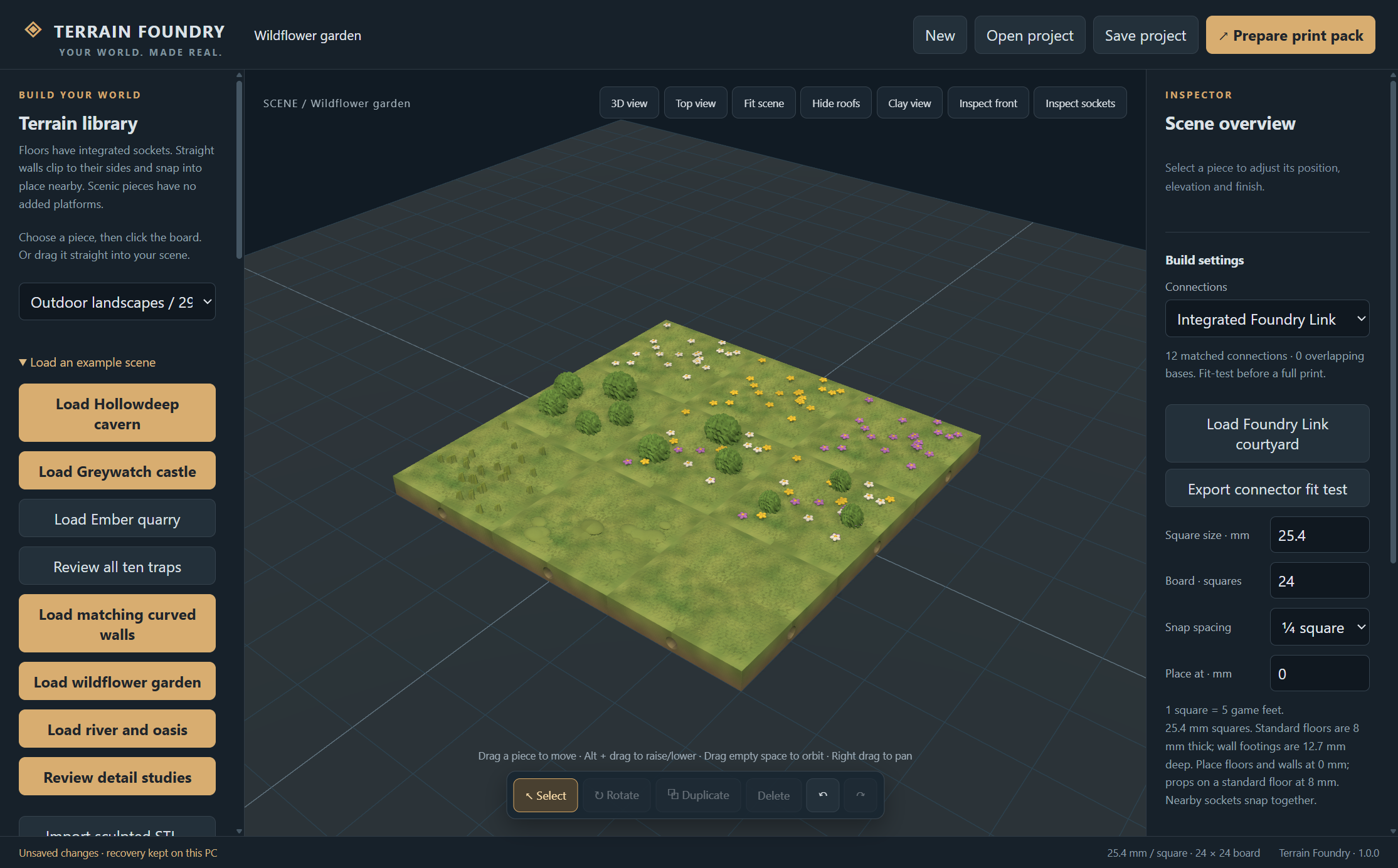 Grass terrain tiles with sculpted daisies, wildflowers, shrubs and moss in the editor