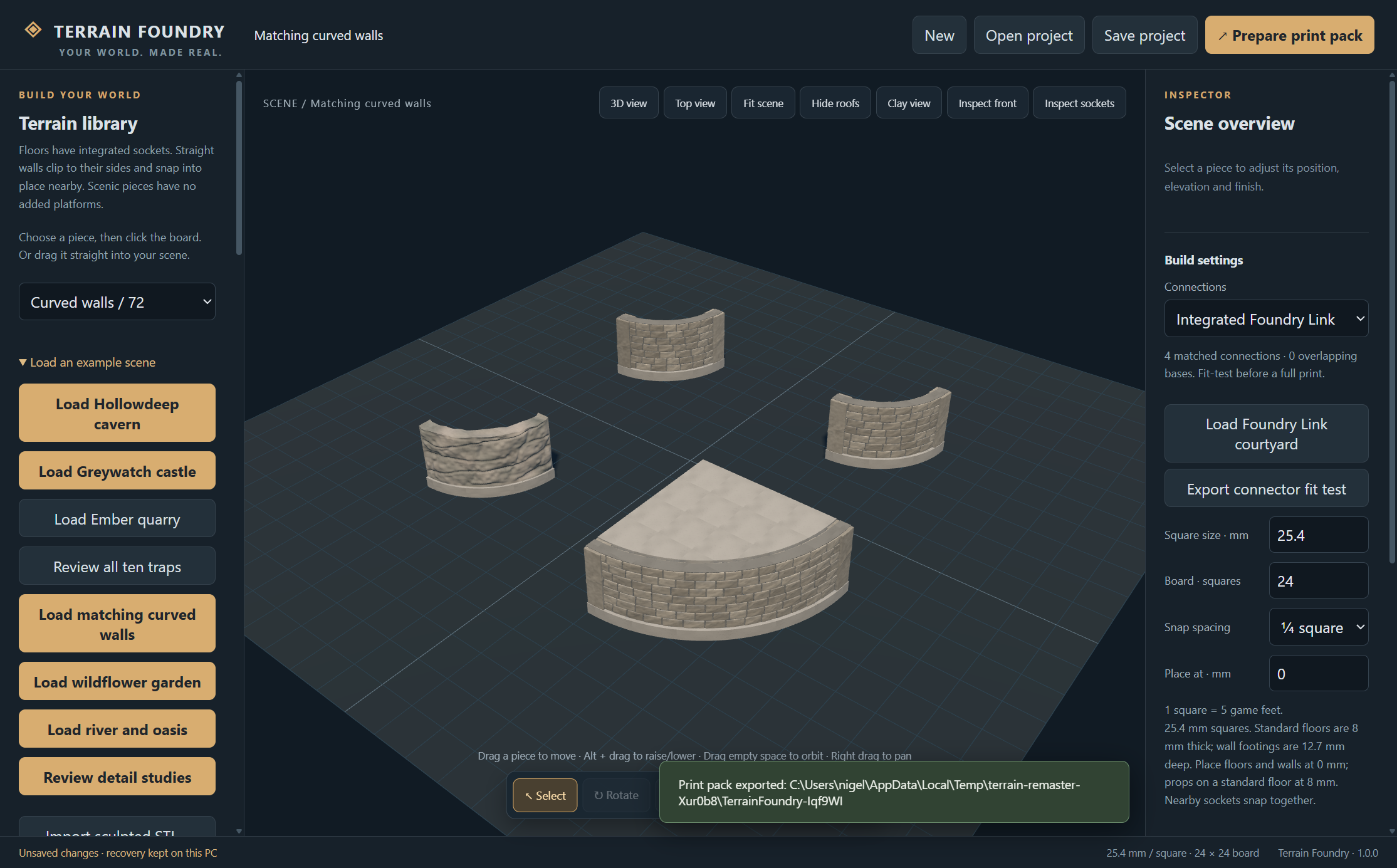 Terrain Foundry's desktop editor displaying curved stone walls and matching floor pieces
